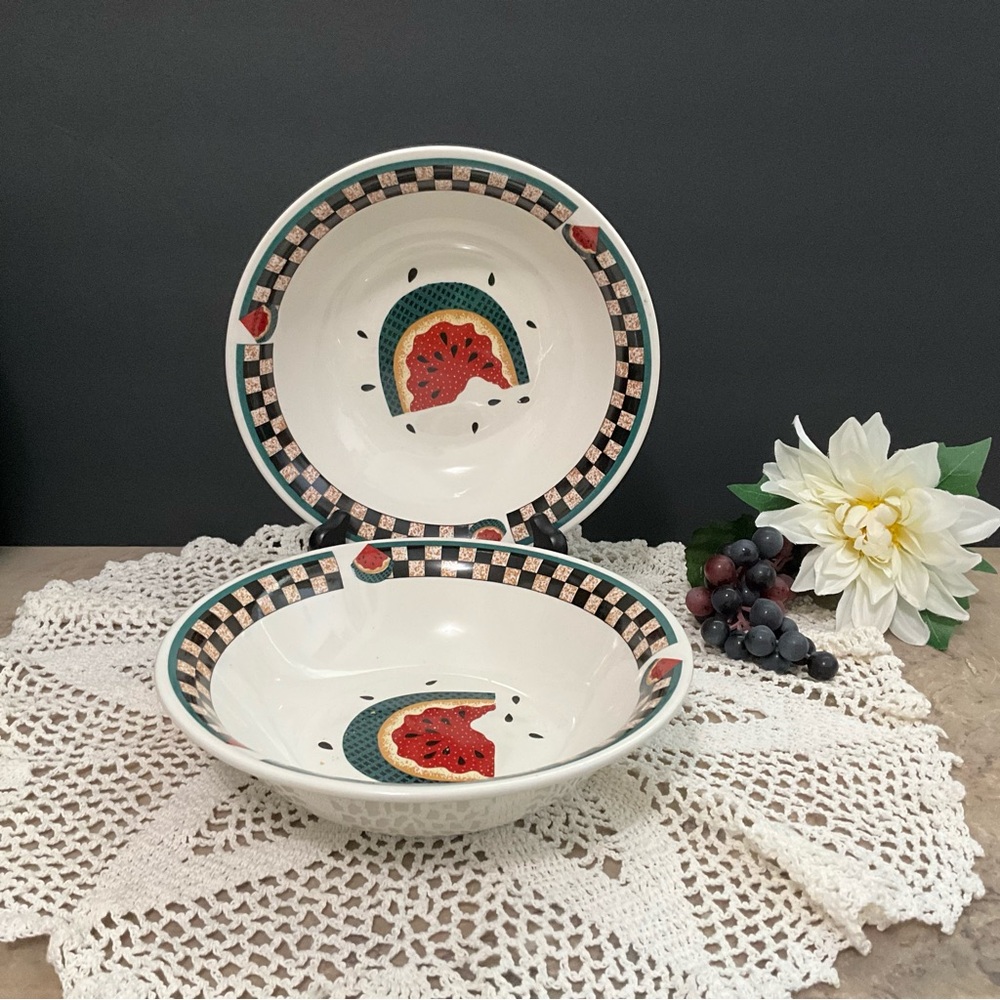 Two VTG Table Tops Unlimited Fresh Watermelon Pattern Round Vegetable Bowls